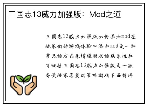 三国志13威力加强版：Mod之道