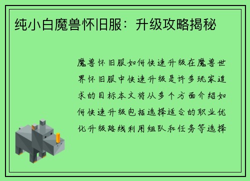 纯小白魔兽怀旧服：升级攻略揭秘