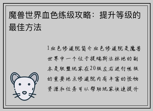 魔兽世界血色练级攻略：提升等级的最佳方法